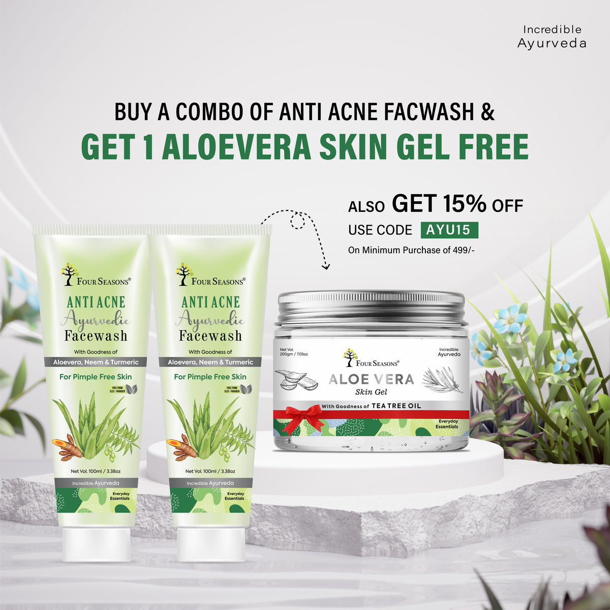BUY Anti Acne Ayurvedic Facewash ( Pack Of 2 ) & GET 1 Aloe vera Skin