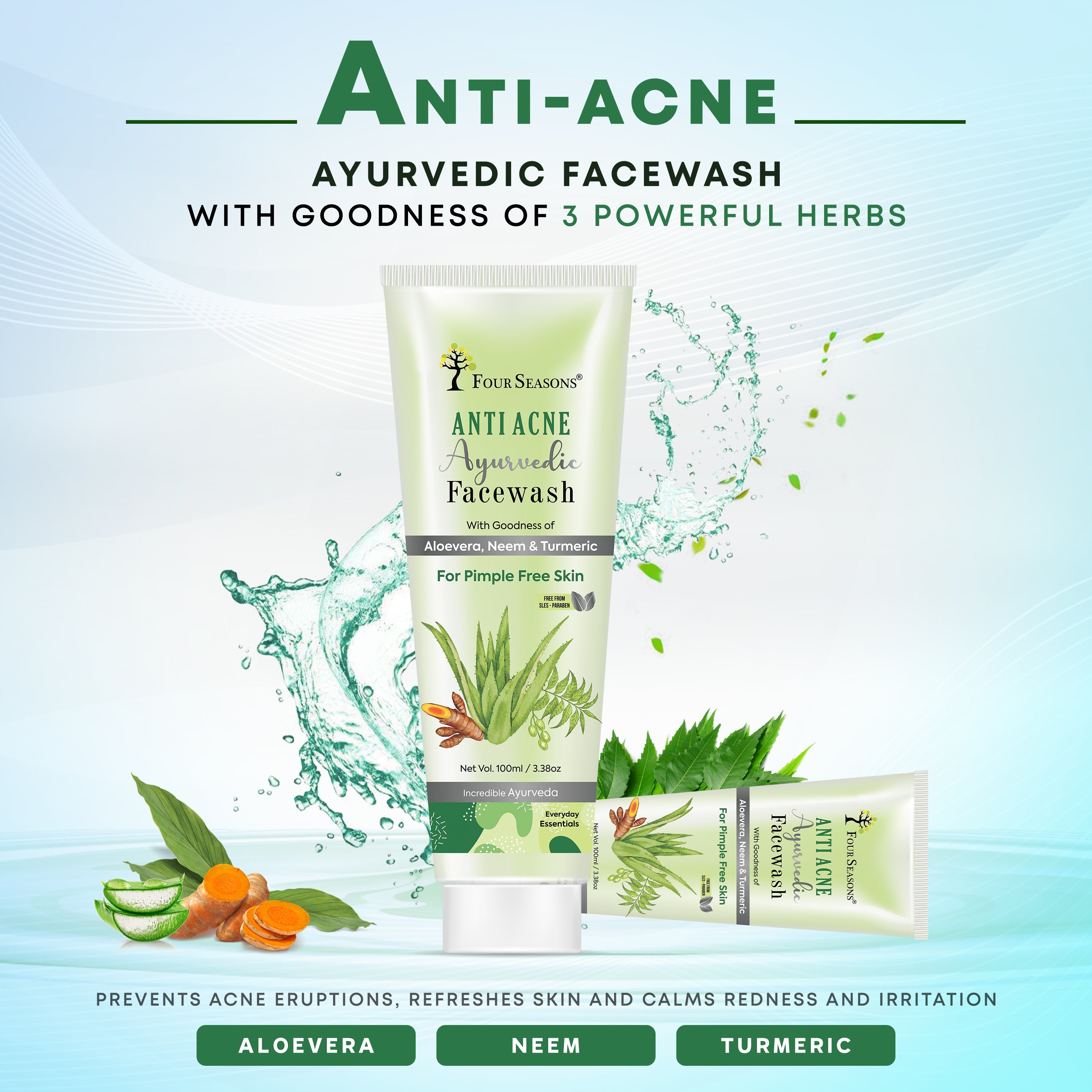 BUY Anti Acne Ayurvedic Facewash ( Pack Of 2 ) & GET 1 Aloe vera Skin Gel FREE