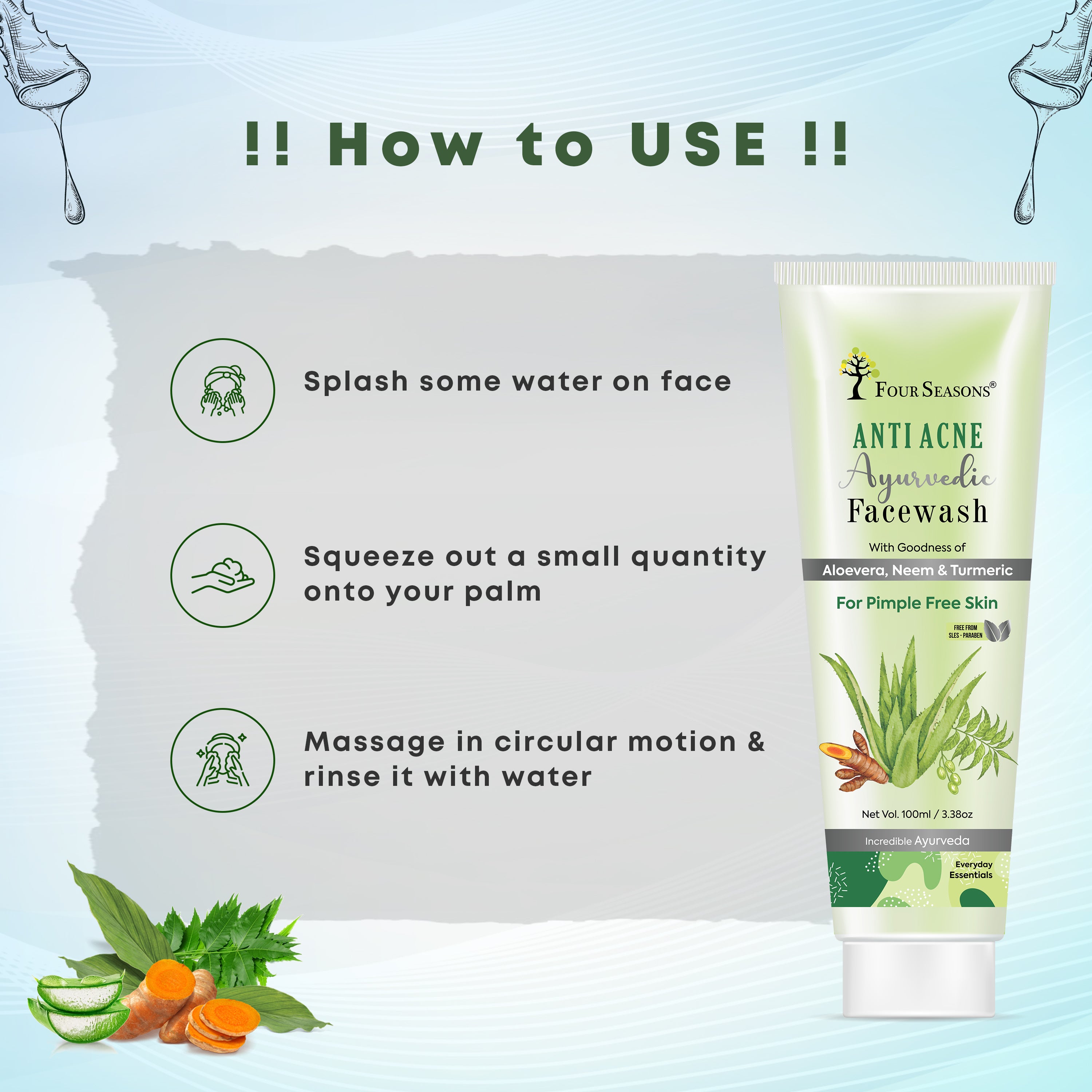 BUY Anti Acne Ayurvedic Facewash ( Pack Of 2 ) & GET 1 Aloe vera Skin Gel 200gm FREE
