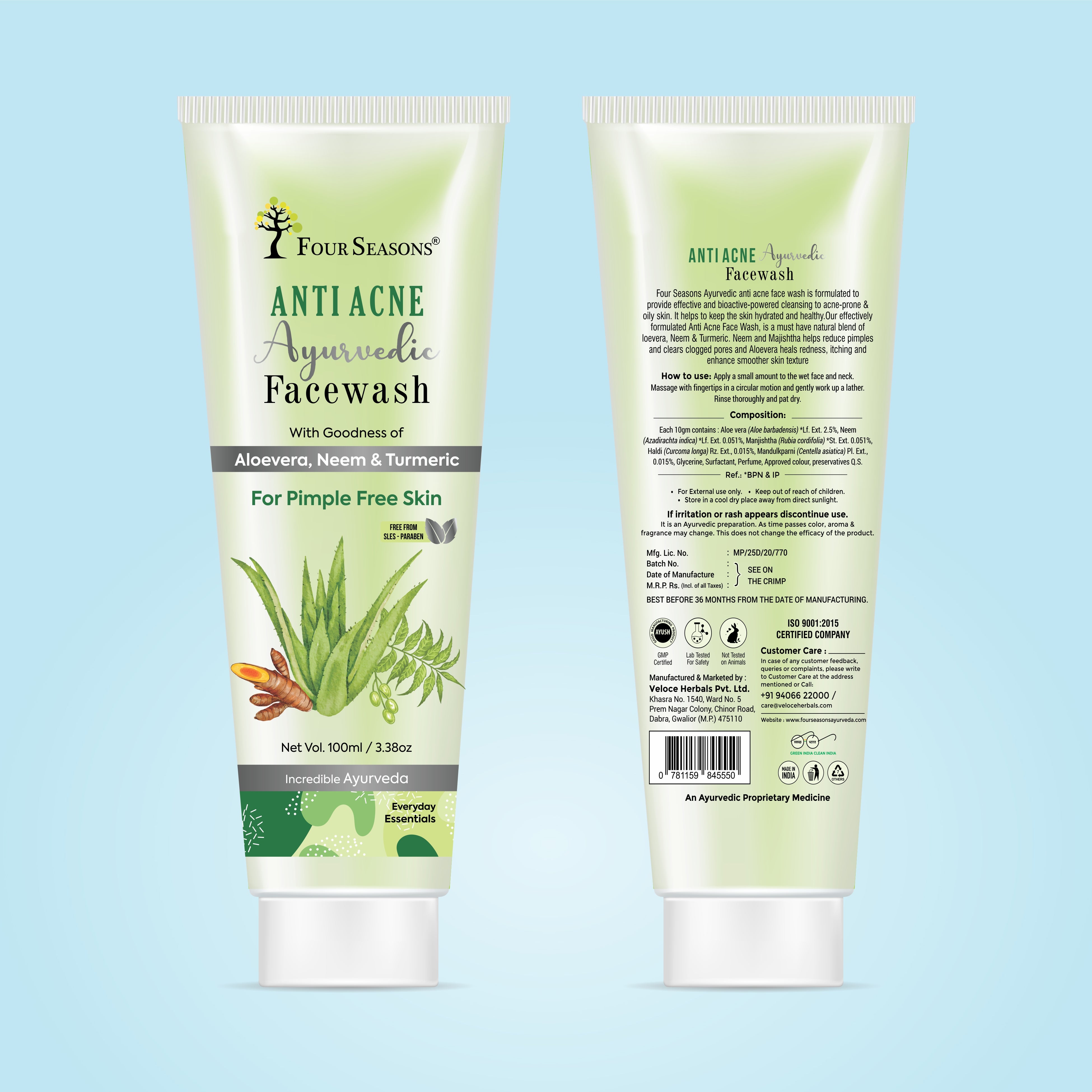 BUY Anti Acne Ayurvedic Facewash ( Pack Of 2 ) & GET 1 Aloe vera Skin Gel FREE