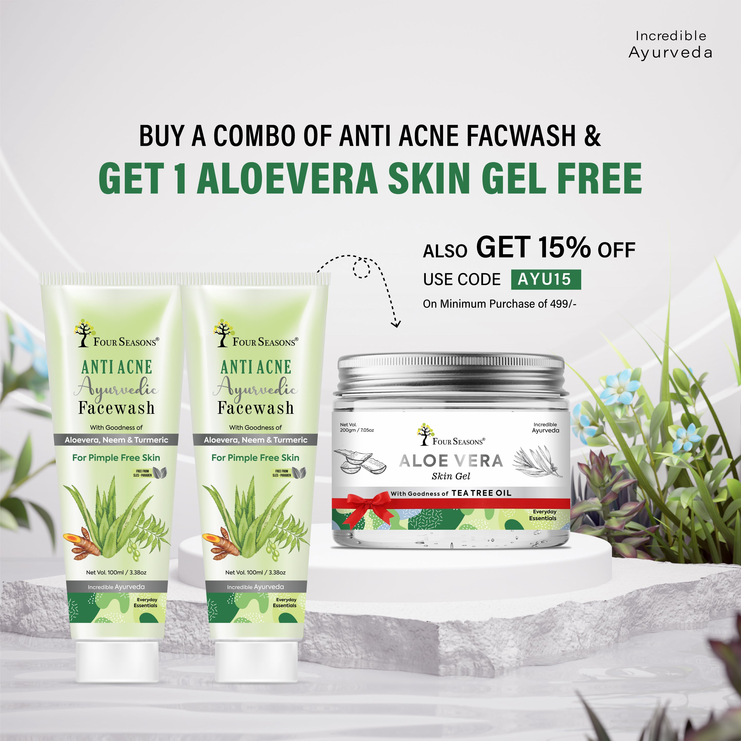 BUY Anti Acne Ayurvedic Facewash ( Pack Of 2 ) & GET 1 Aloe vera Skin Gel 200gm FREE