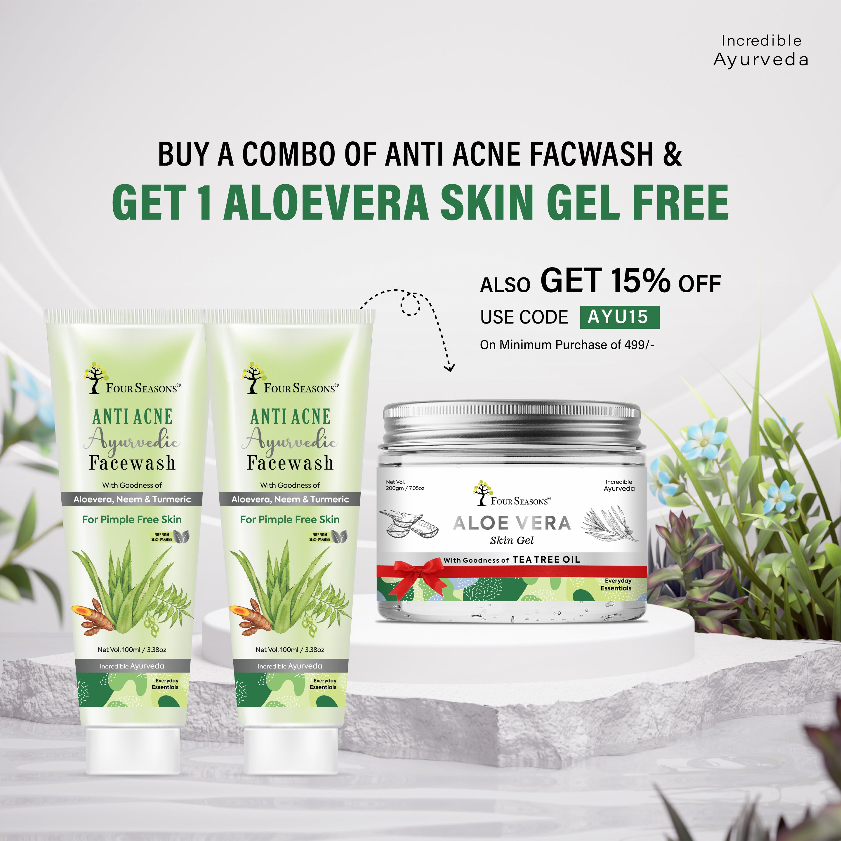 BUY Anti Acne Ayurvedic Facewash ( Pack Of 2 ) & GET 1 Aloe vera Skin Gel FREE